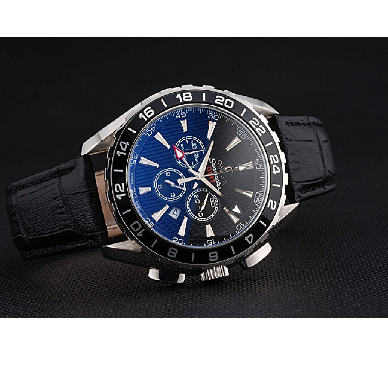 1014 Omega Seamaster Aqua Terra Chrono GMT Black Dial Black Leather Bracelet 622535